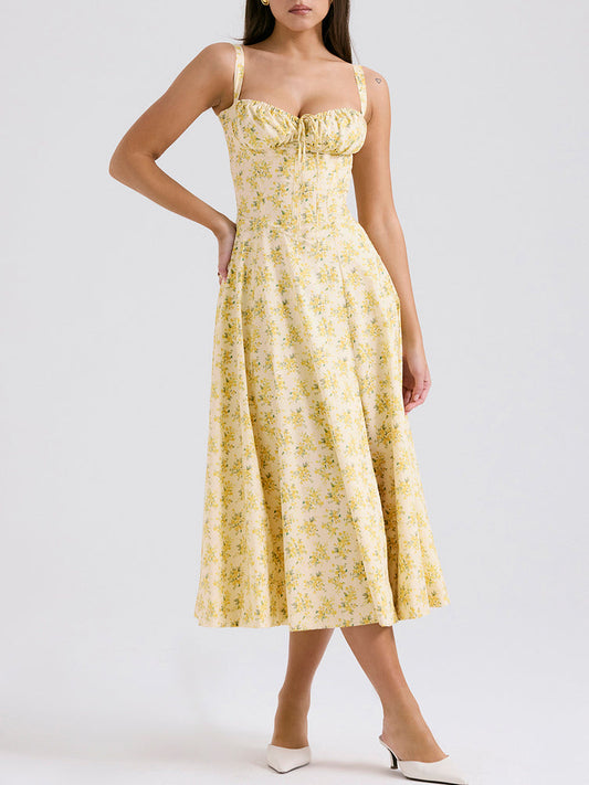 Sweetheart Neckline Flower Print Slit Maxi Dress