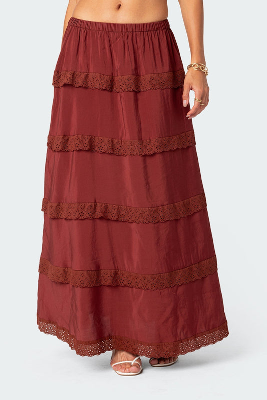 Tiered Lace Trim Maxi Skirt