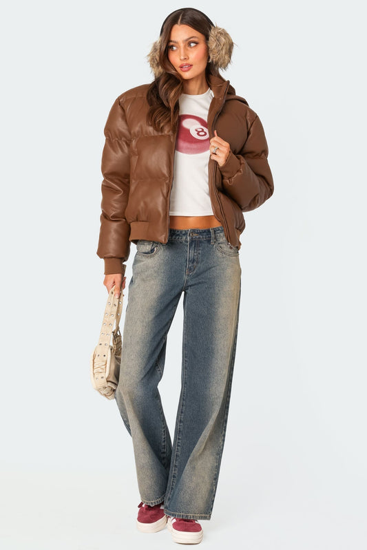 Wintry Faux Leather Hooded Puffer