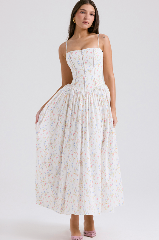 WHITE POSY PRINT COTTON MAXI SUNDRESS