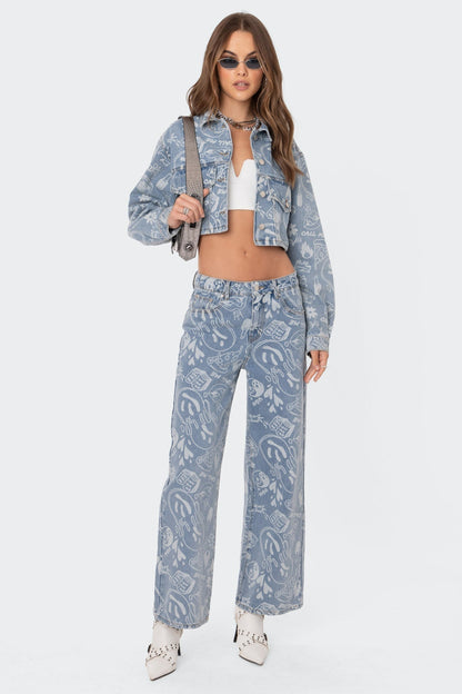 Malia Printed Denim Cropped Jacket