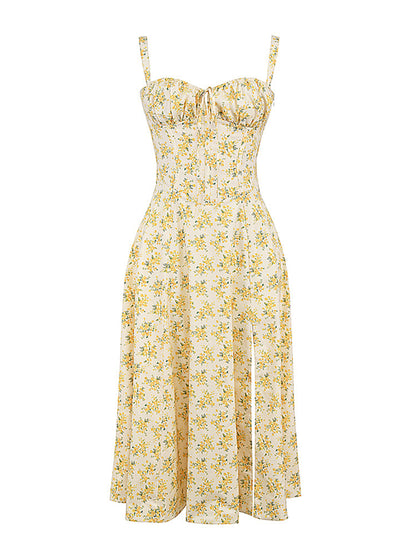 Sweetheart Neckline Flower Print Slit Maxi Dress