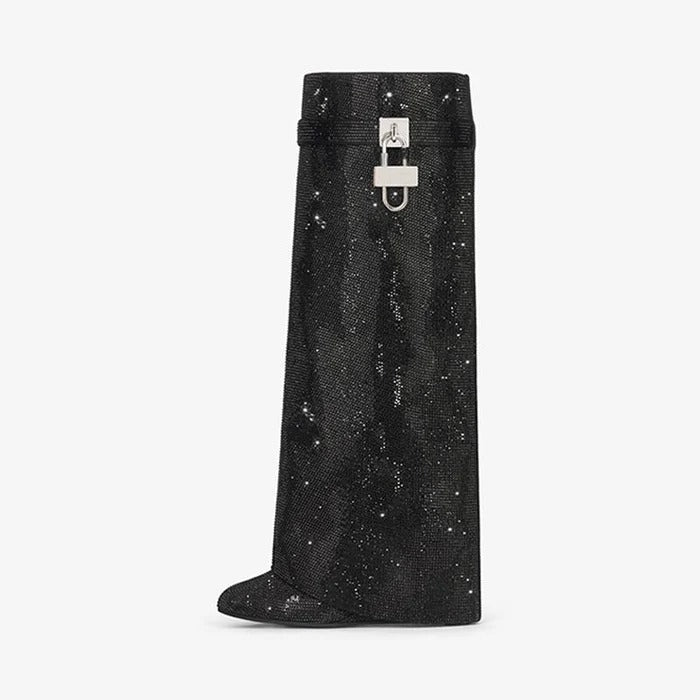 Stunning Black Satin Strass High Boots