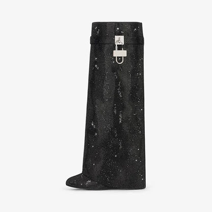Stunning Black Satin Strass High Boots