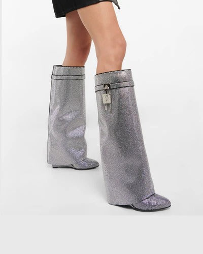 Bionda Buckle Rhinestone Velvet Knee High Boots In Silver