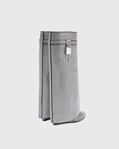 Bionda Buckle Rhinestone Velvet Knee High Boots In Silver