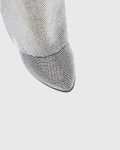 Bionda Buckle Rhinestone Velvet Knee High Boots In Silver